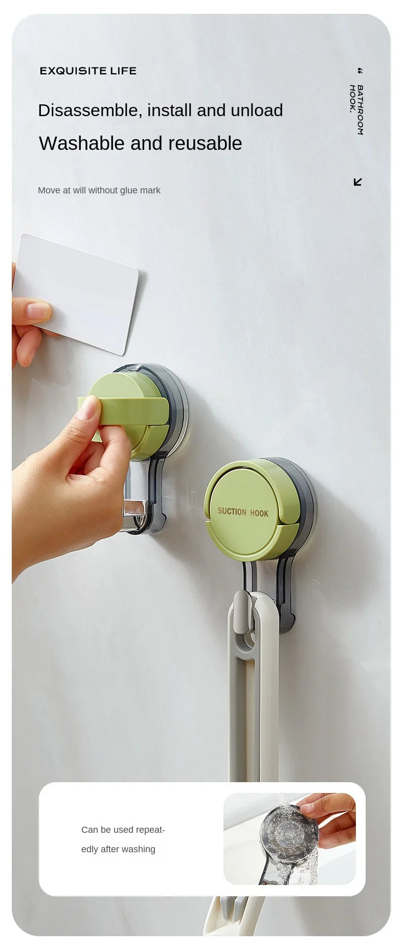 A hand installs a green suction cup hook onto a white surface, demonstrating the product's reusable and removable nature.