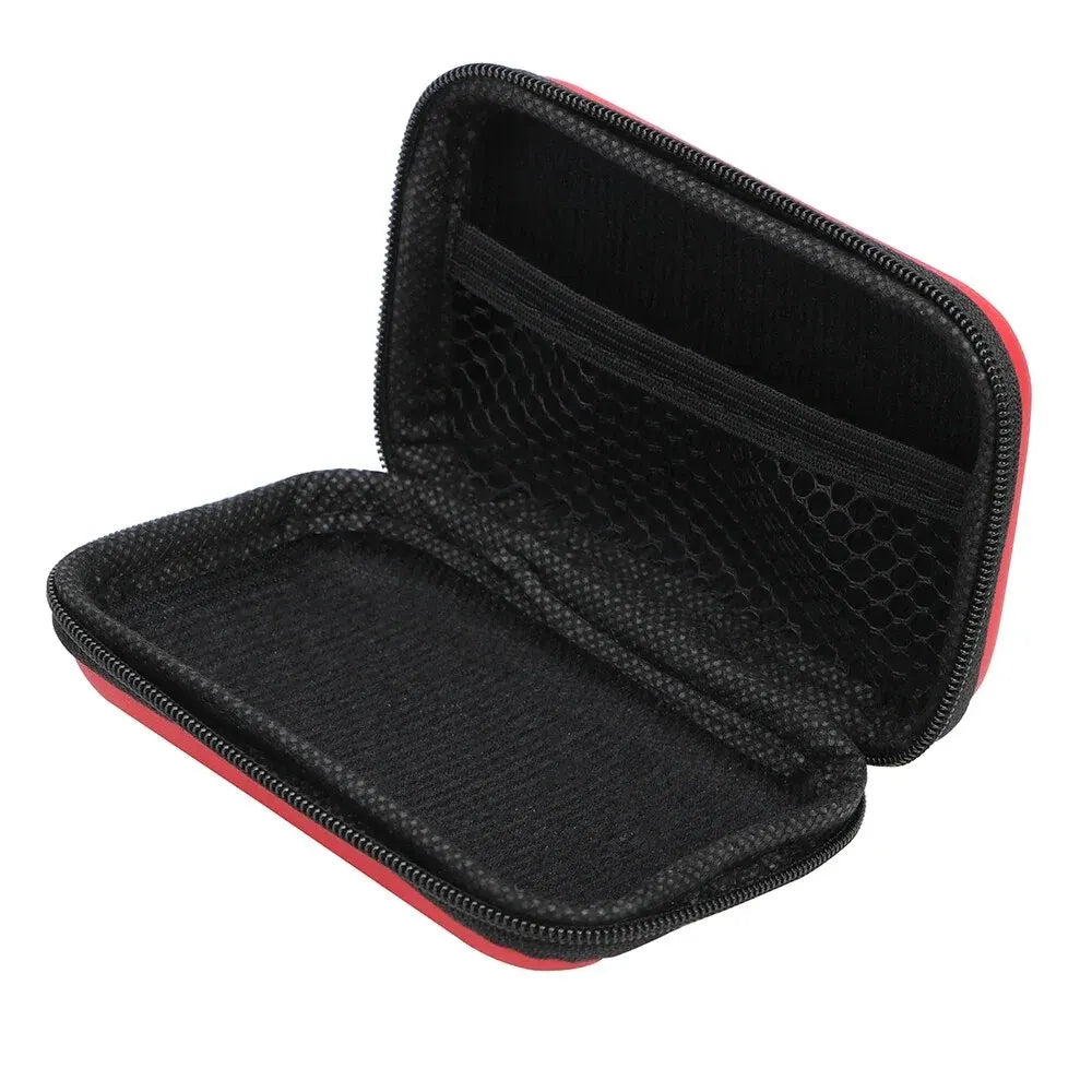 Sac de rangement portable noir avec une bordure rouge, ouvert pour montrer l'intérieur en maille.