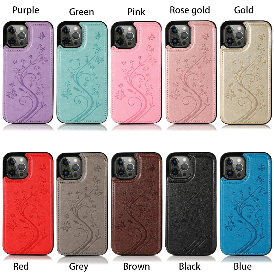 A collection of elegant wallet flip cases for iPhone in various colors including purple, green, pink, rose gold, gold, red, g
