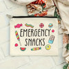 A cream-colored zippered pouch with black text reading Emergency Snacks and colorful illustrations of various snacks.