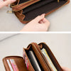 A brown leather double-zipper wallet is shown in various views, including closed and open, demonstrating its design.