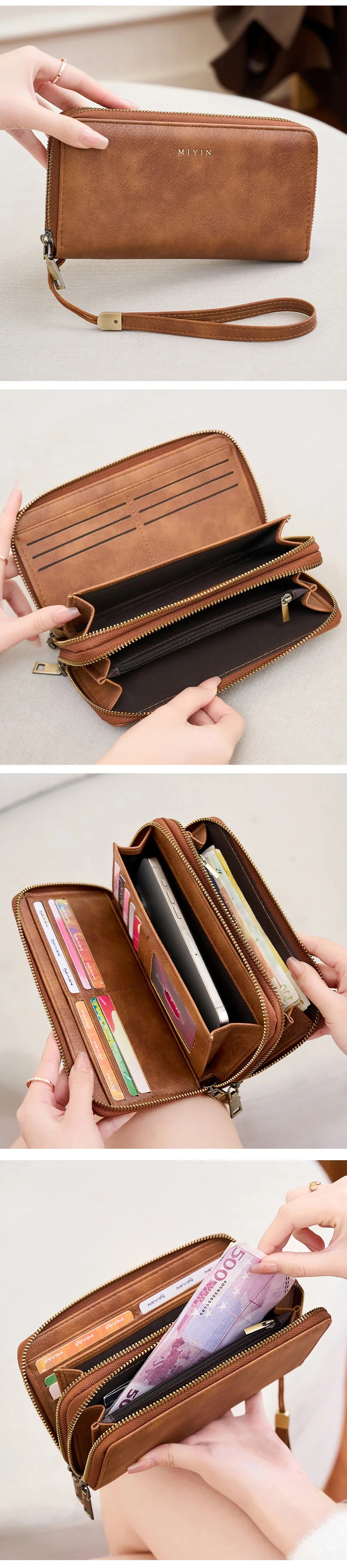 A brown leather double-zipper wallet is shown in various views, including closed and open, demonstrating its design.