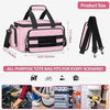 Pink and black multi-pocket tool bag with reinforced base shown alongside various tools and equipment.