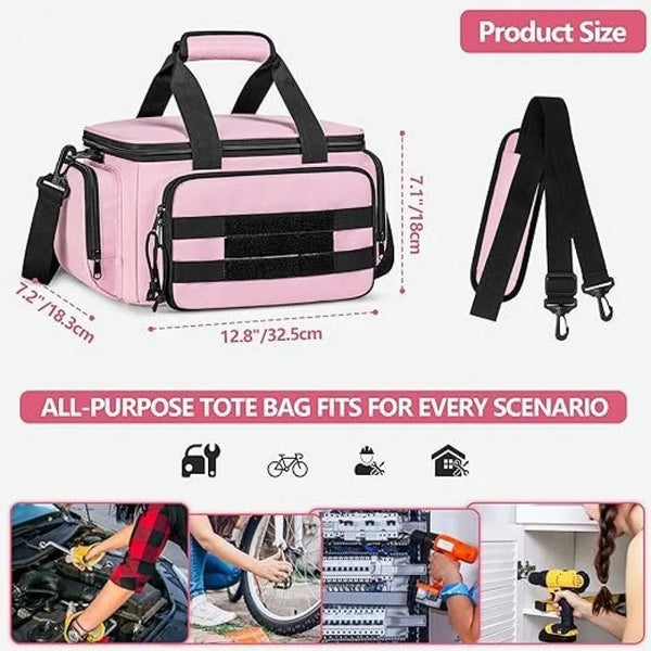Pink and black multi-pocket tool bag with reinforced base shown alongside various tools and equipment.