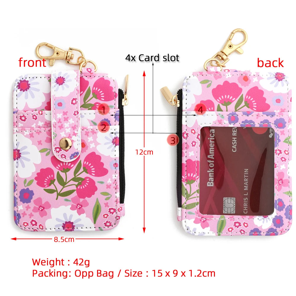 Cartera llavero de cuero PU y silicona floral rosa con 4 ranuras para tarjetas, vista frontal y posterior.