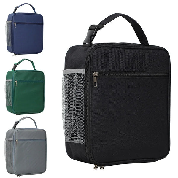 A black insulated lunch bag with a mesh pocket and various color options shown.