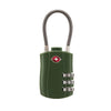 A dark green cable lock with a braided metal handle and three dials for combination locking.