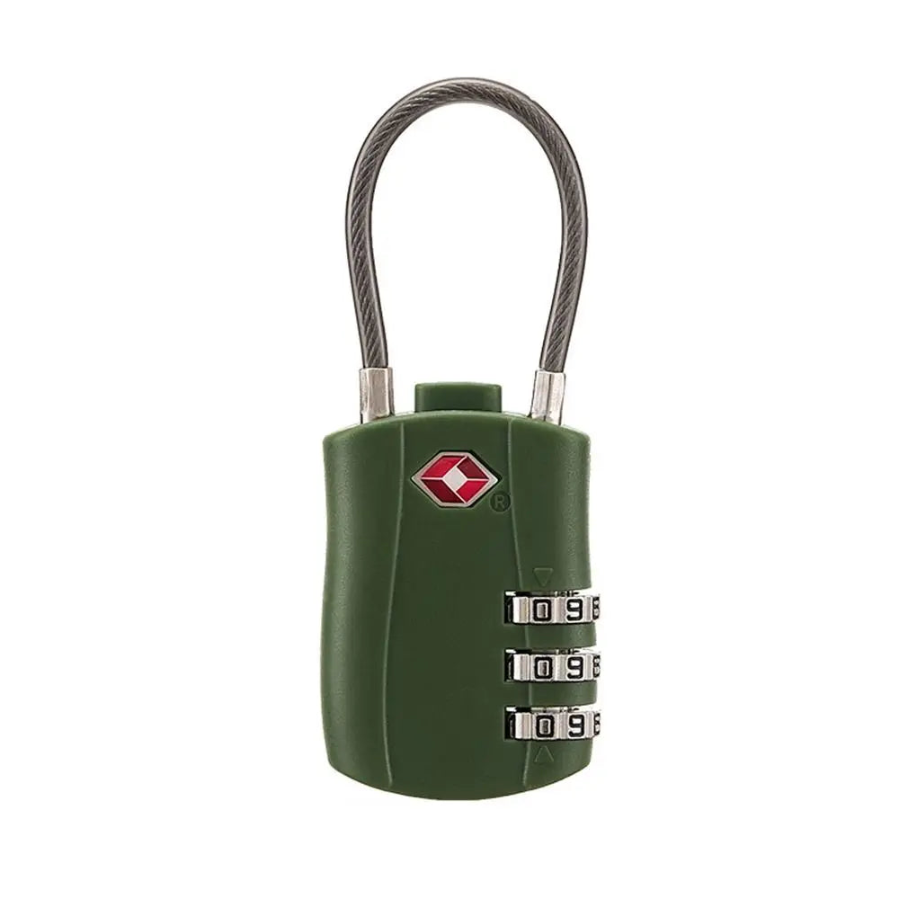 A dark green cable lock with a braided metal handle and three dials for combination locking.