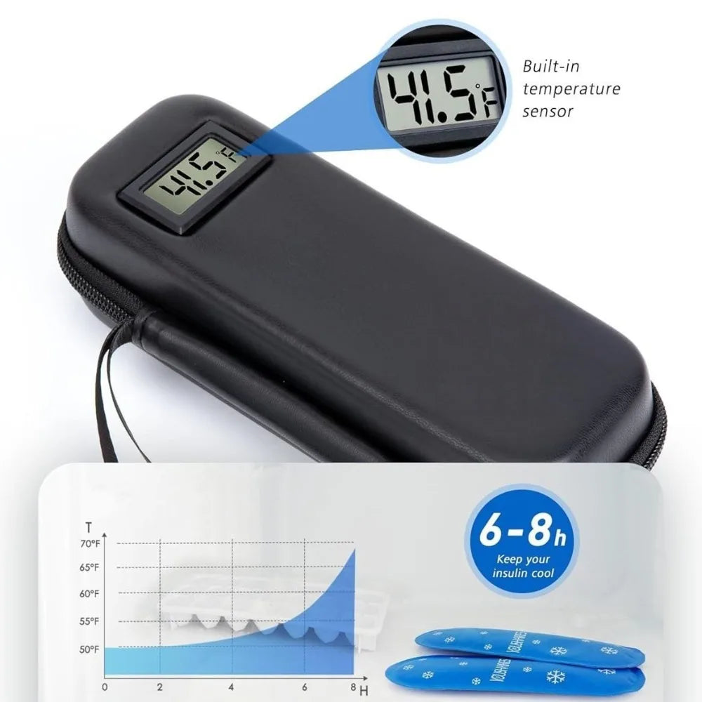 Black insulin cooler travel case with a built-in digital temperature sensor and insulin pens.