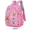 A pink cartoon animal backpack featuring cute bear characters and various accessories.