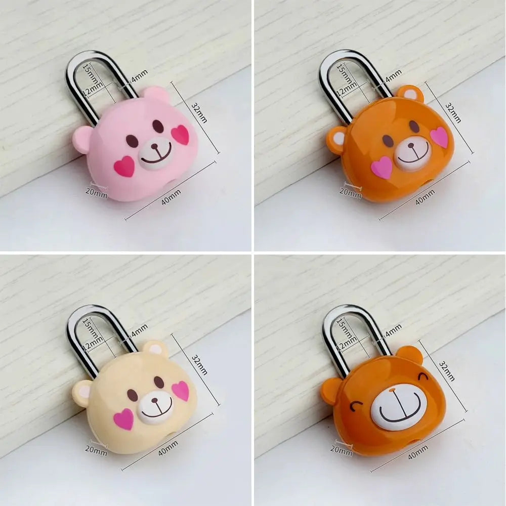 A set of three cartoon animal combination padlocks in pink, orange, and yellow, featuring a bear design.