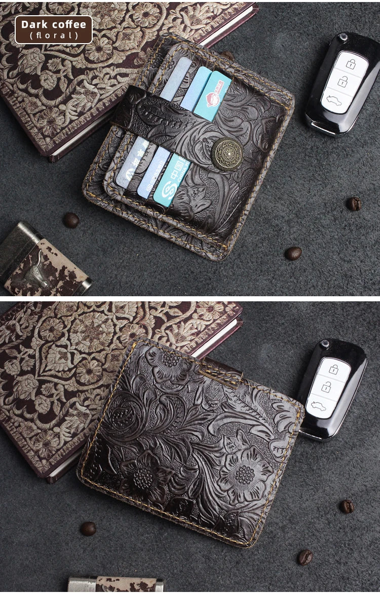 A dark brown genuine leather card wallet with a floral pattern is shown next to a smartphone.