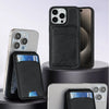 Porte-cartes en cuir magnétique noir pour iPhone, montré avec divers modèles de téléphone.