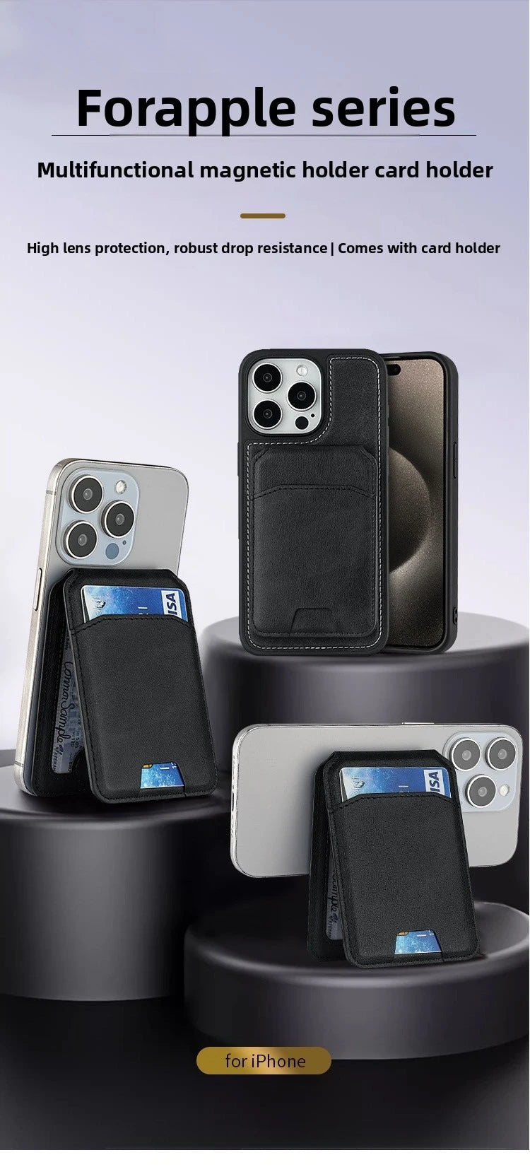 Porte-cartes en cuir magnétique noir pour iPhone, montré avec divers modèles de téléphone.