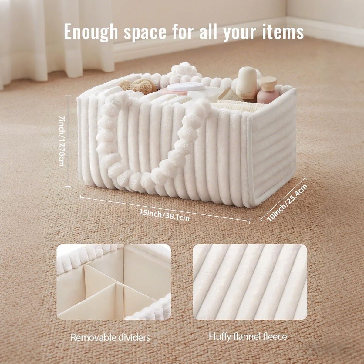White flannel diaper caddy organizer with removable dividers and fluffy fleece lining