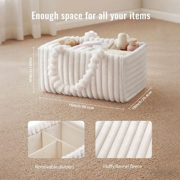 White flannel diaper caddy organizer with removable dividers and fluffy fleece lining