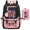 A pink and black canvas backpack featuring a graphic print of several girls.