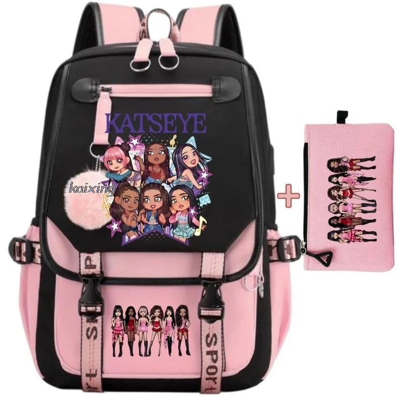 A pink and black canvas backpack featuring a graphic print of several girls.