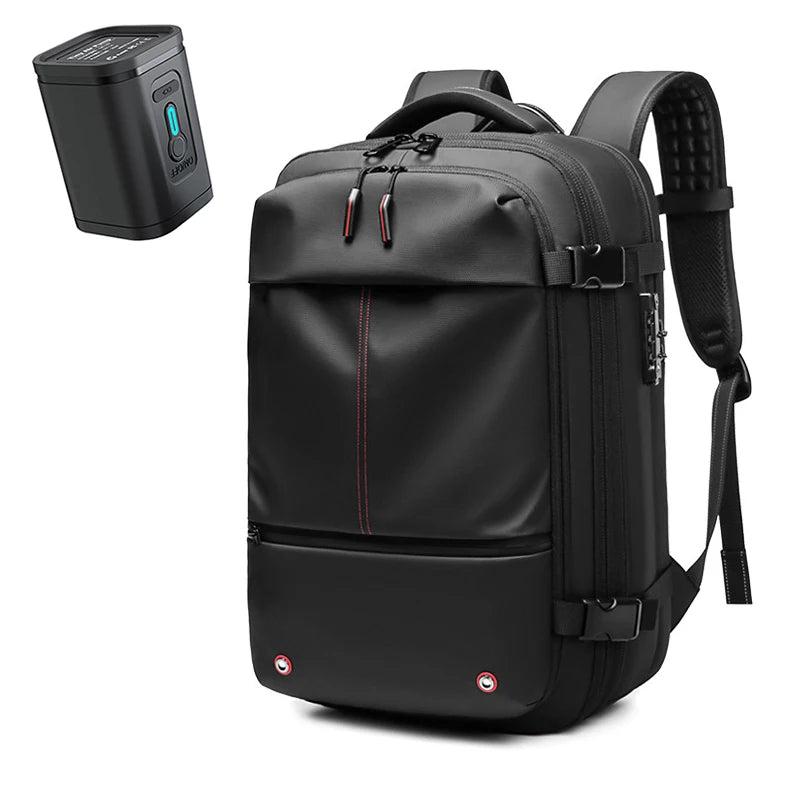 Black heavy duty laptop backpack with vacuum compression features and a separate control unit.