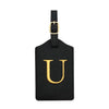 Black PU leather luggage tag with a gold letter U and a metal loop for attachment