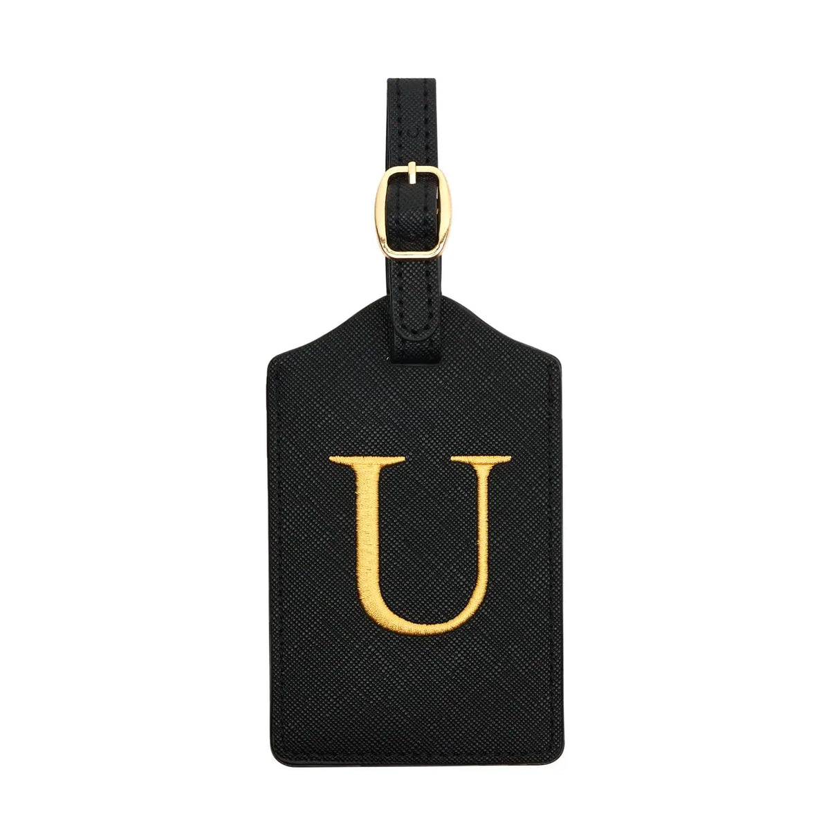 Black PU leather luggage tag with a gold letter U and a metal loop for attachment
