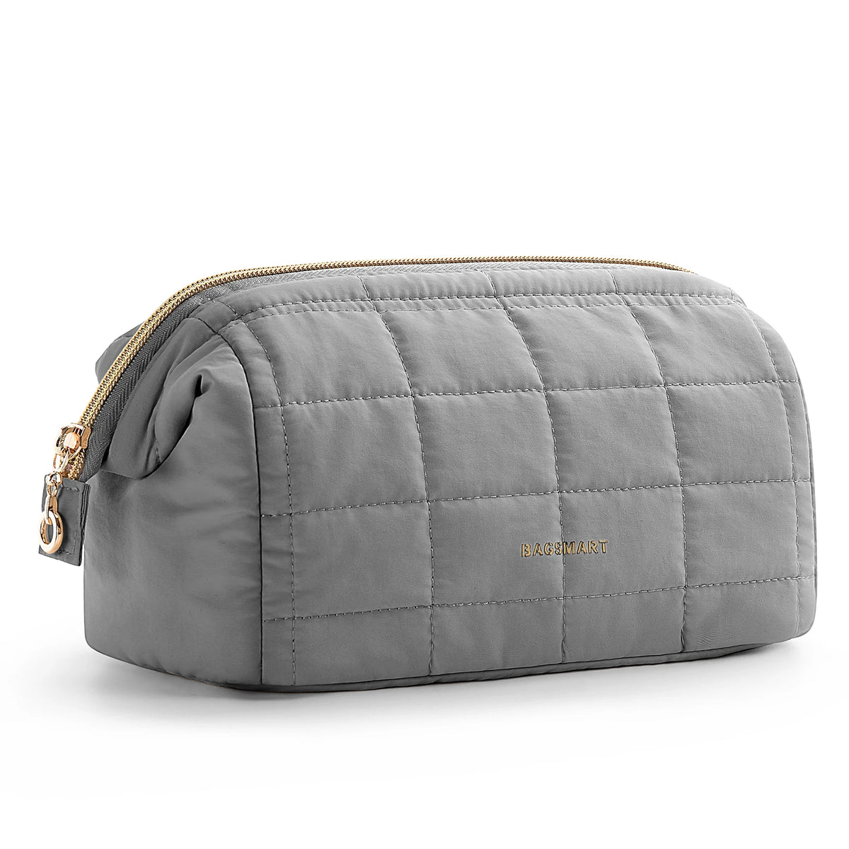 A gray padded makeup bag with a wide-open design and gold zipper detail.