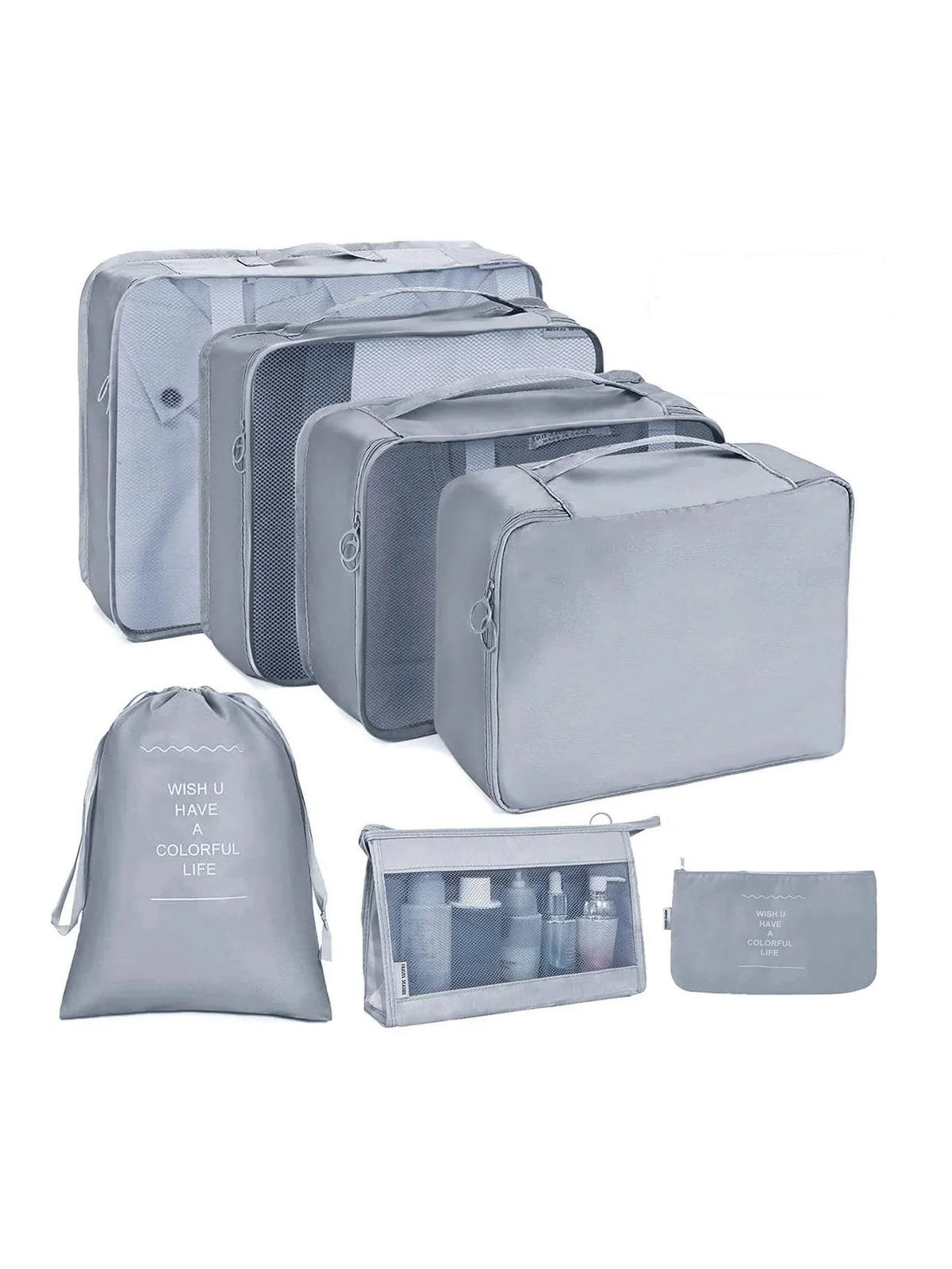 A set of gray fabric storage organizers including pouches and boxes for organizing various items.