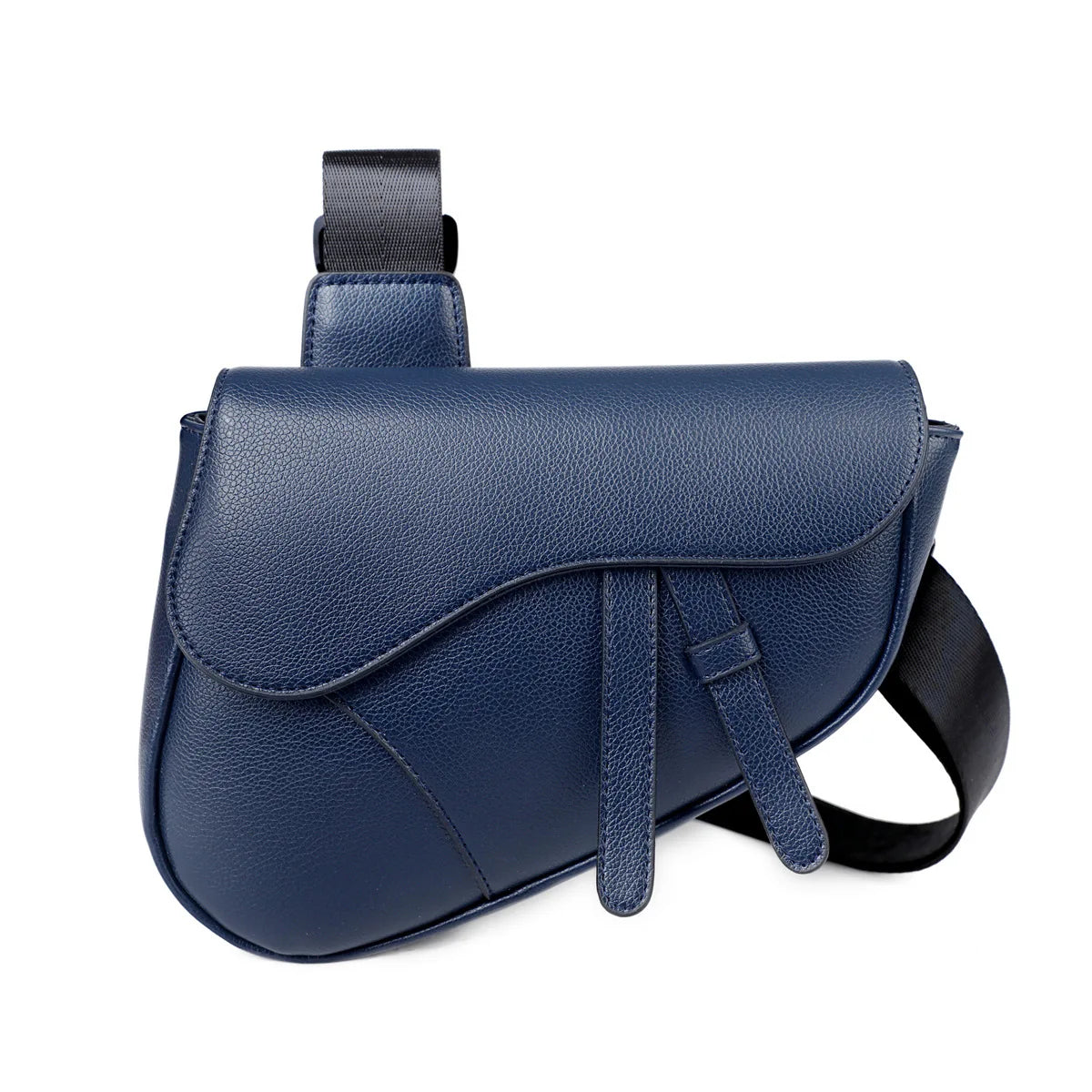 A navy blue men's solid color chest bag with a strap shown from the side.