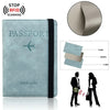 Portefeuille de passeport bleu clair avec protection RFID et sangle noire, à côté d'un schéma technologique.
