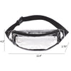 Clear PVC waist bag with a black adjustable strap shown from above and side view.