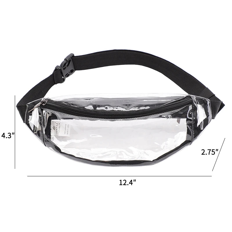 Clear PVC waist bag with a black adjustable strap shown from above and side view.