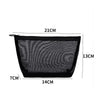 Black mesh toiletry bag with a zipper closure, measuring 21cm long and 13cm high.