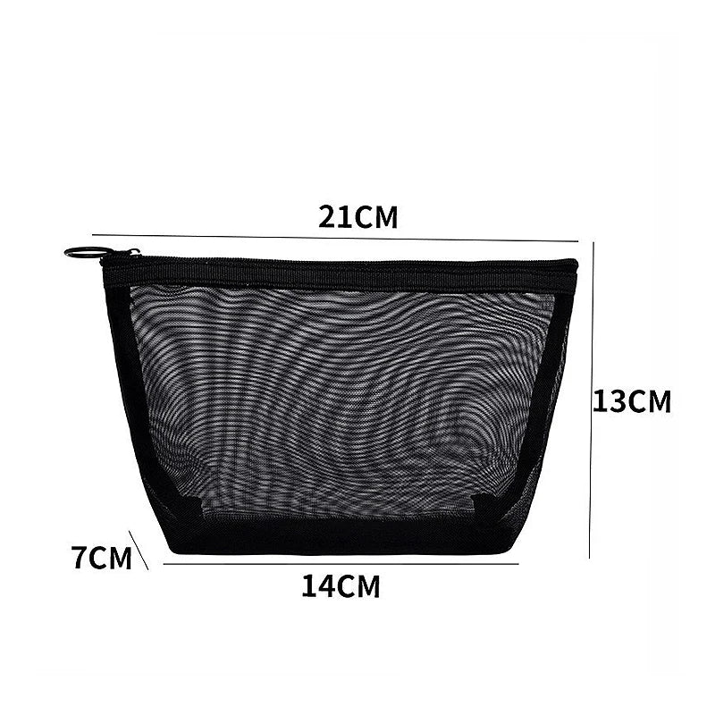 Black mesh toiletry bag with a zipper closure, measuring 21cm long and 13cm high.