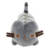 A gray plush cat storage pouch with striped ears and a gray and white striped tail.