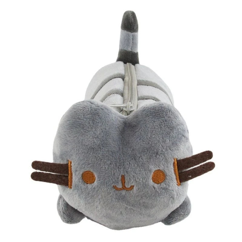 A gray plush cat storage pouch with striped ears and a gray and white striped tail.
