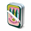A portable metal storage box featuring a sardine print design with green and pink accents.