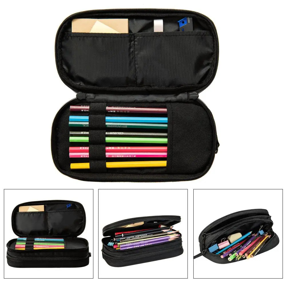 A black luxury leather pencil case shown open, displaying various colored pencils and stationery inside.