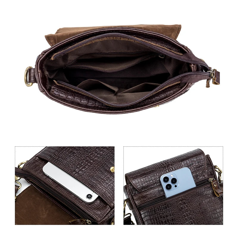 Braune, echte Leder-Vintage-Krokodilmuster-Schultertasche, geöffnet und geschlossen mit einem Smartphone darin.