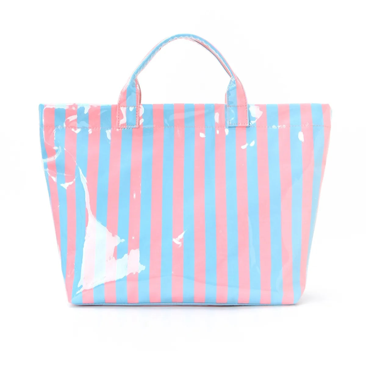 A lightweight striped tote bag with vertical pink and blue stripes, shown from the front.