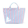 A pink and blue striped plastic tote bag with handles.
