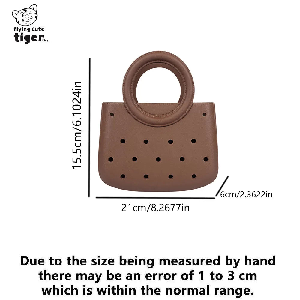Brown round PVC handbag featuring a DIY hole design on the top.