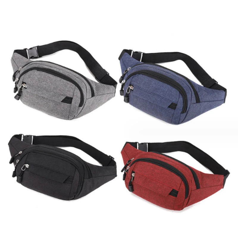 Four canvas waist fanny bags in black, gray, blue, and red with black straps.
