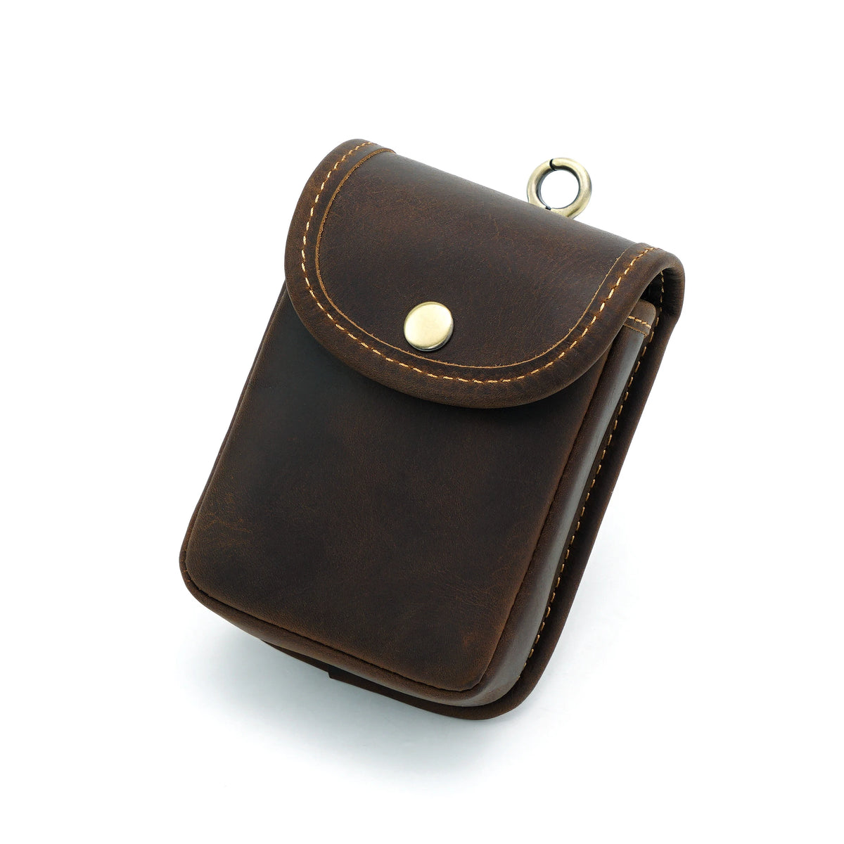 A dark brown leather men's multi-functional waist bag with brass hardware.