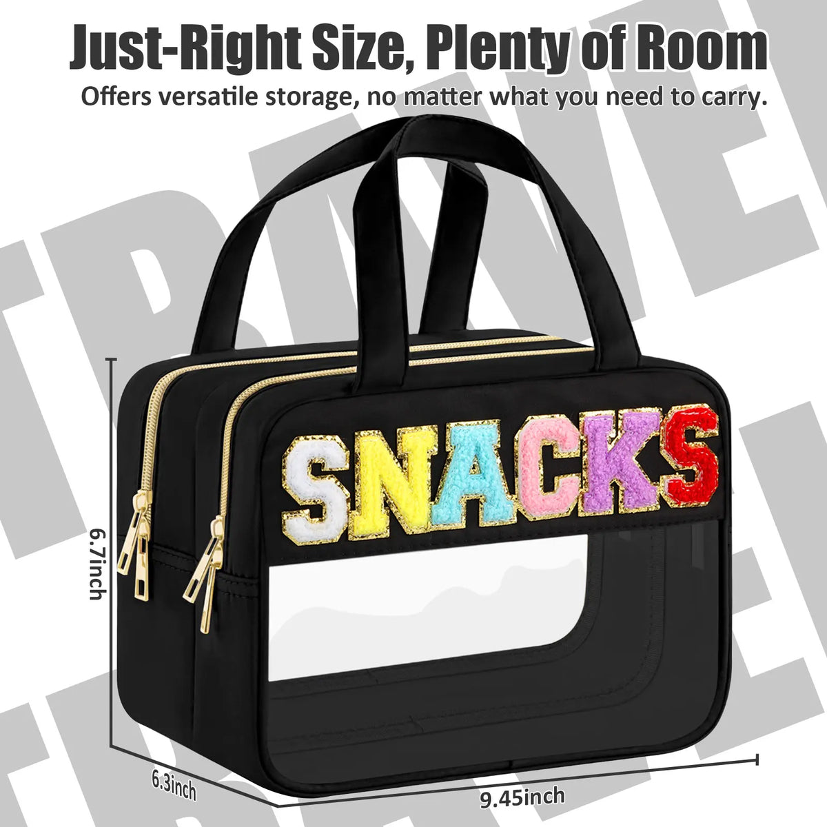 Black cosmetic bag with a clear window featuring the word SNACKS in colorful glitter letters
