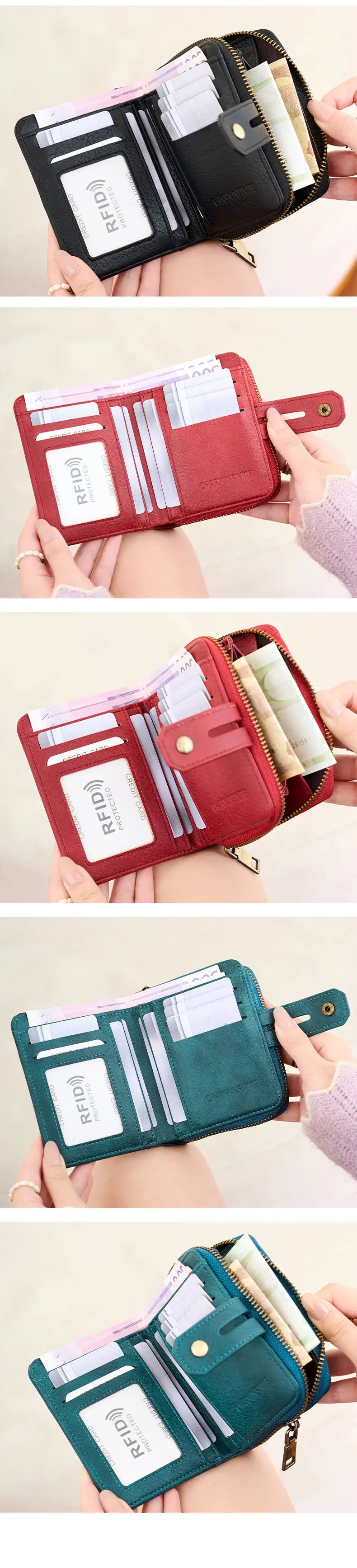 A close-up of a dark green RFID shielded bi-fold wallet with a zipper closure shown in various angles.