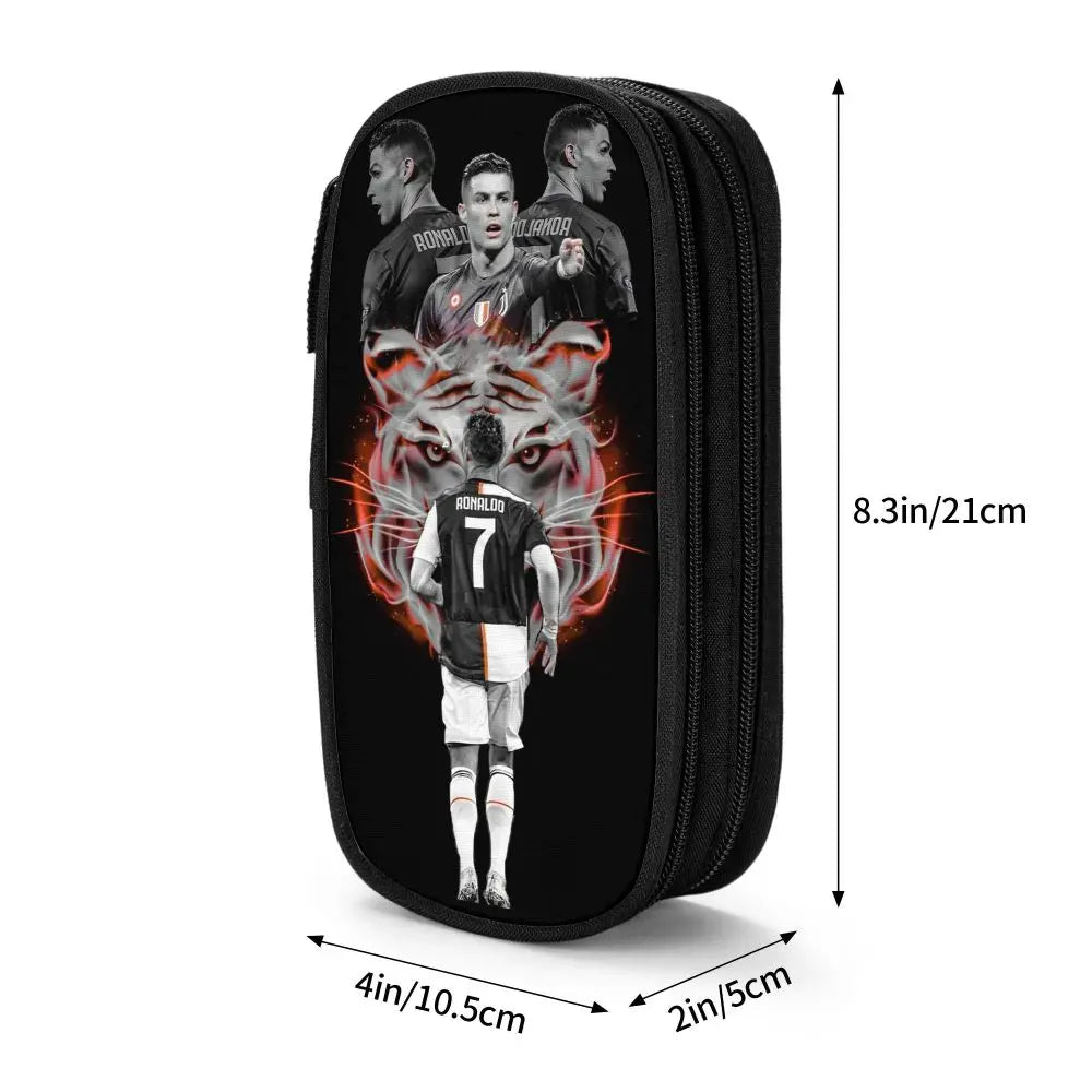 Black luxury leather pencil case featuring a graphic of soccer players and a tiger head.