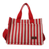 Sac bandoulière en toile rayée rouge et blanc avec anses en tissu rouge.
