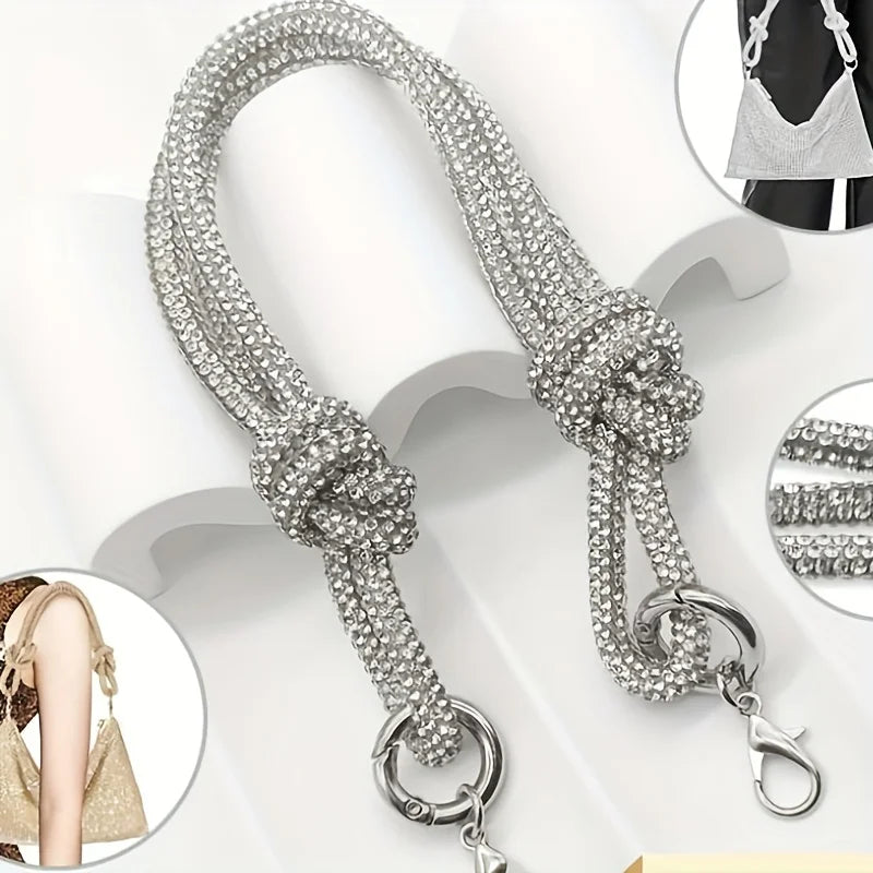 Silver crystal rhinestone handbag chain strap featuring a knot detail and lobster clasp.
