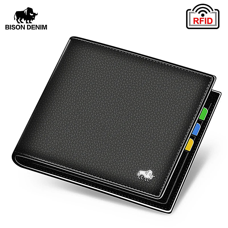 Black genuine leather bifold wallet with an RFID protection feature and a Bison Denim logo.