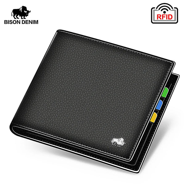Black genuine leather bifold wallet with an RFID protection feature and a Bison Denim logo.